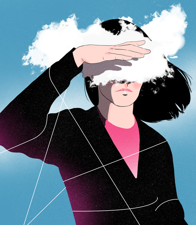 woman with clouds in front of her eyes 