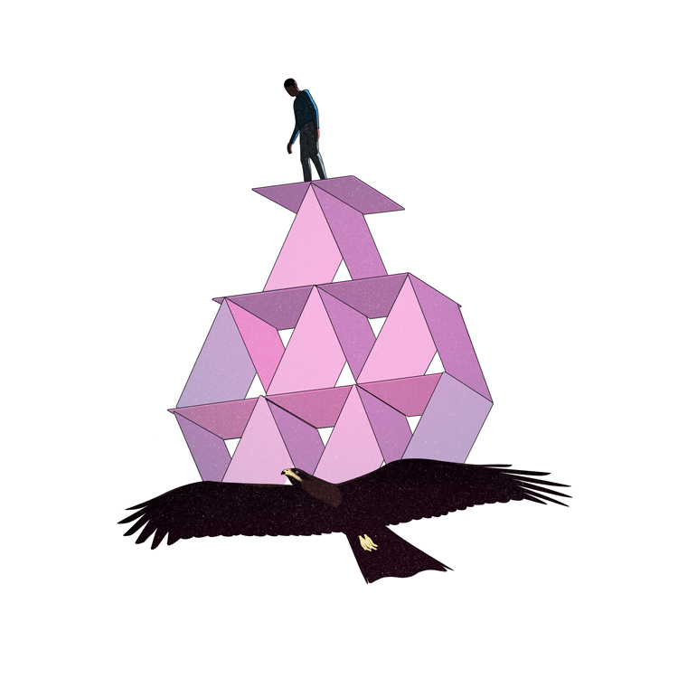 eagle flying and carrying a house of cards with a man standing on the top