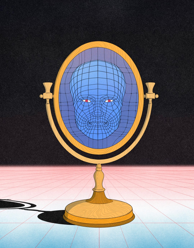 3d grid of man in mirror 