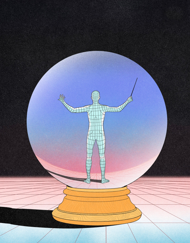 fortune-telling ball with 3d grid of man inside