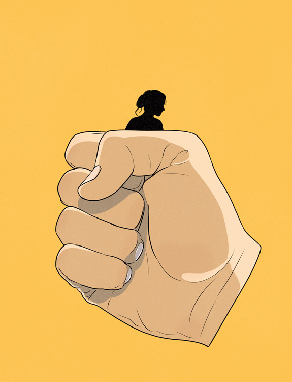 a woman in huge hand 