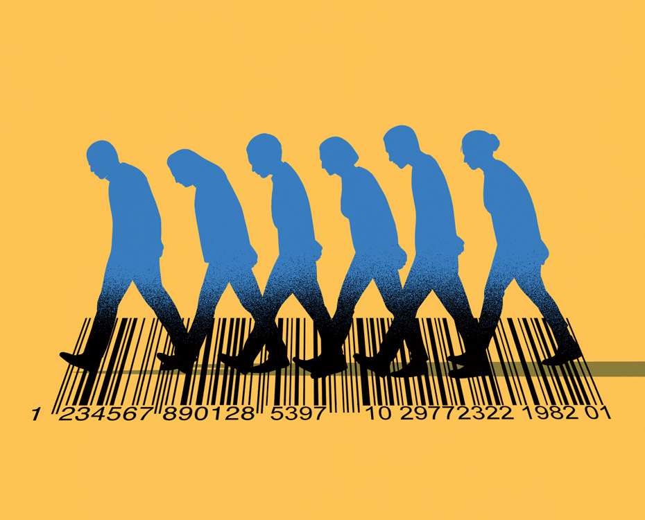 bent people walk over barcode