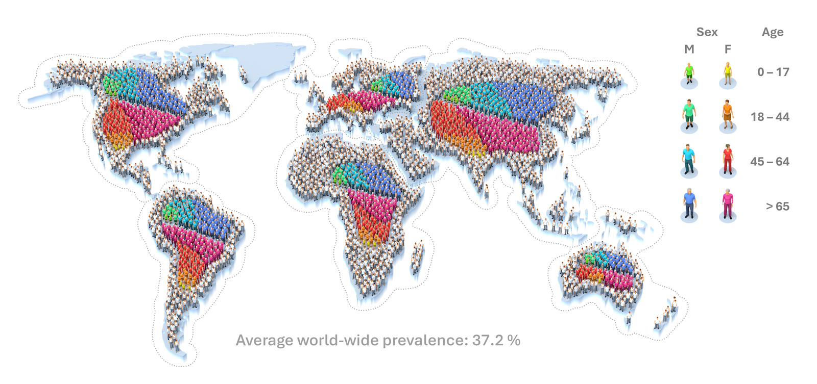 Small figures on map of the world show the number of diseases by country 