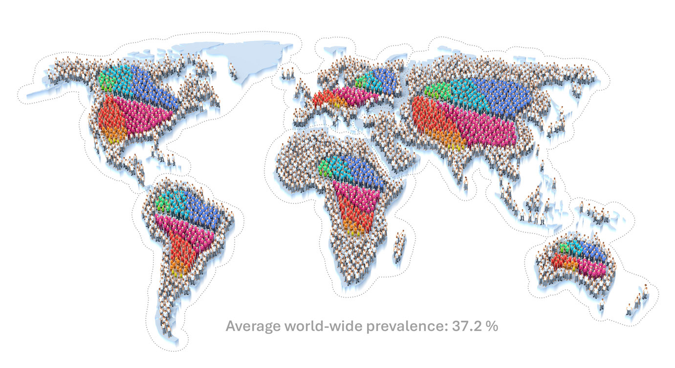 Small figures on map of the world show the number of diseases by country 