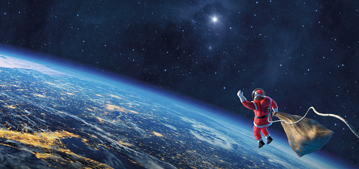 Santa Claus in space looking to the earth 