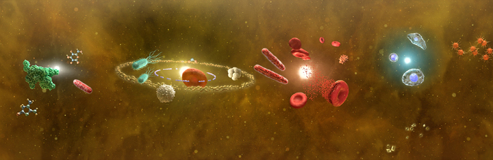 universe with bacteria, blood cells, proteins in a hyper realistic style
