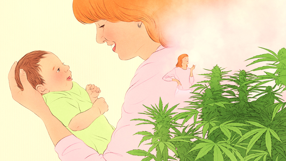 mother laughing at her baby with weed plants around