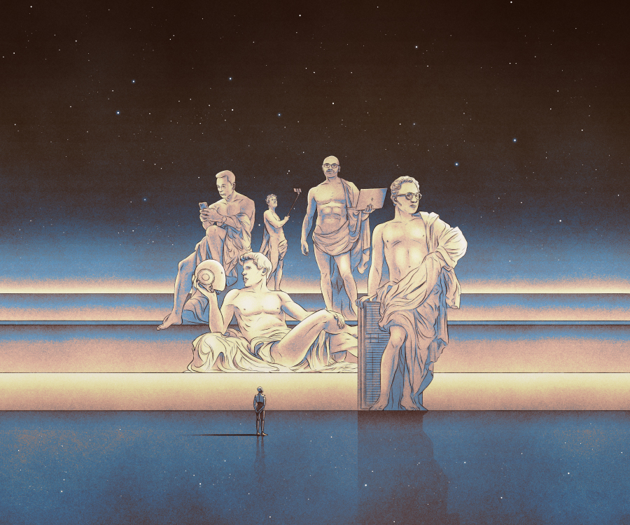 five men as marble statues with digital devices