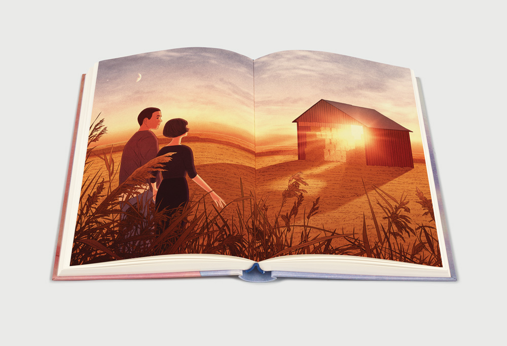 couple at sunset on field 
