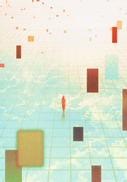 woman alone in a large room with floating rectangles