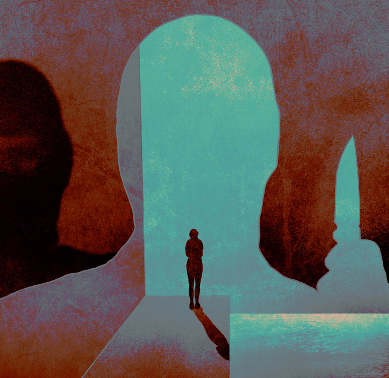shape of woman standing in huge silhouette of man with knife