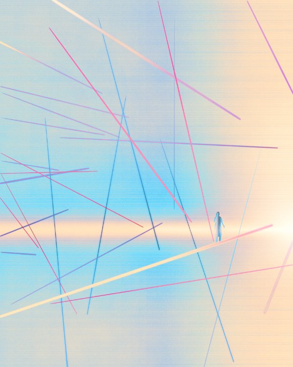 silhouette of man in abstract space with flying lines