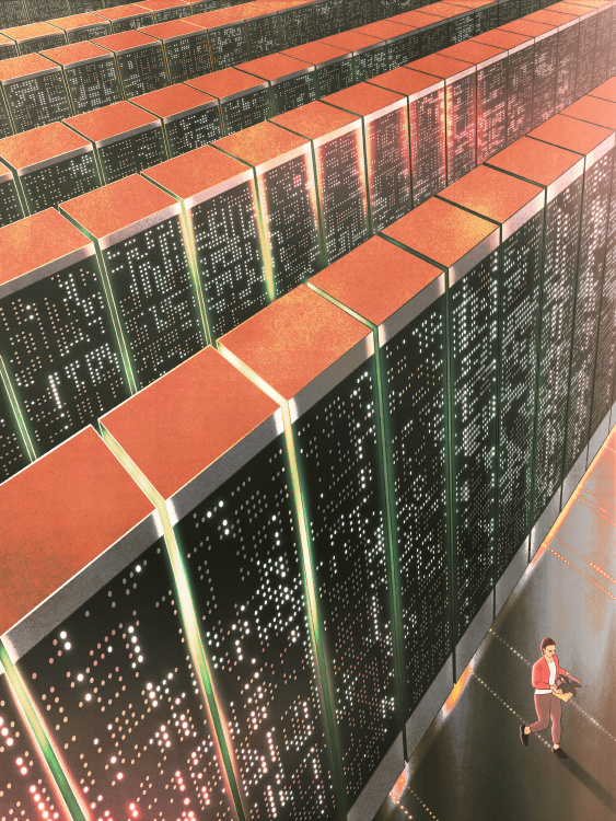 employee leaving room with huge servers