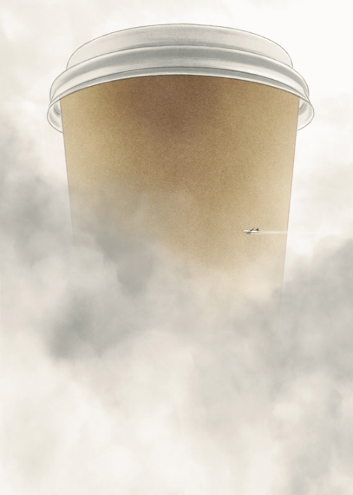 a small airplane flying in front of a big coffee paper cup
