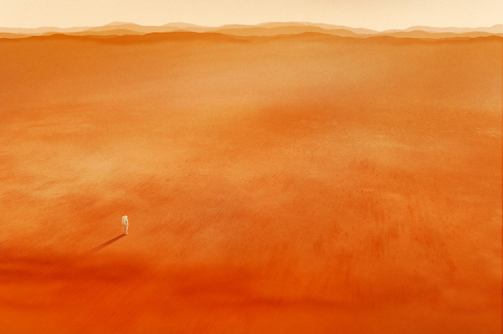 empty orange landscape with small astronaut 