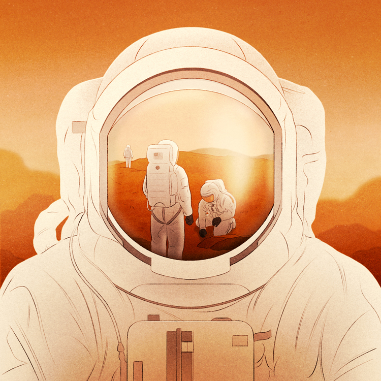 helmet of astronaut reflecting three astronauts on Mars