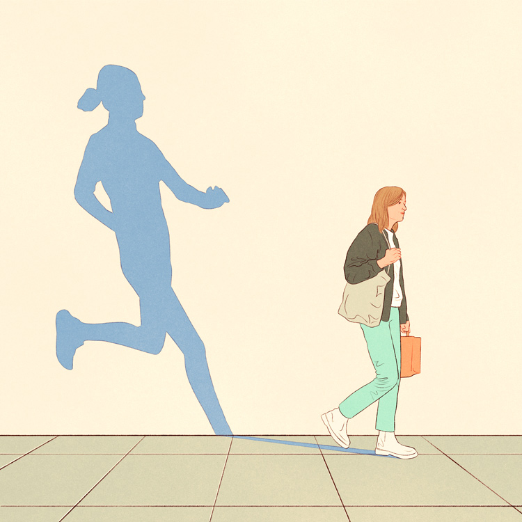 girl walking with bag having a shadow as a runner 