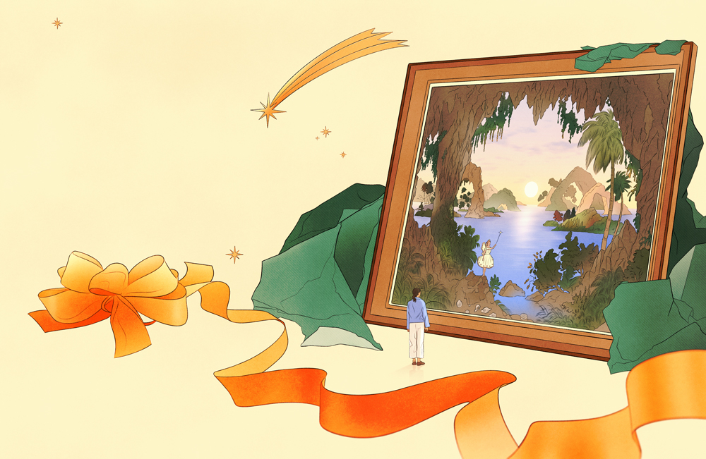 woman standing in front of an unwrapped huge painting showing a lovely fantasy world 