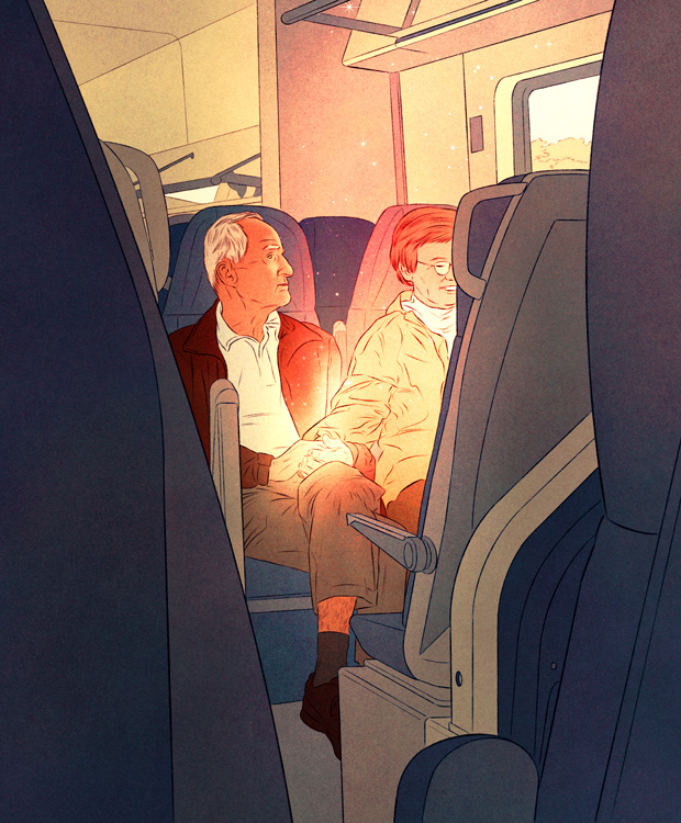 older couple holding hands in train